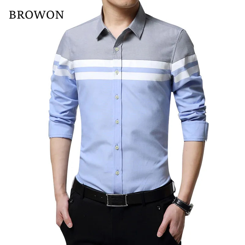 BROWON 2024 Fashion Mens Shirts Brand Clothing Slim Fit Patchwork Stripe Clothes Male Long Sleeve Shirt for Men Camiseta Male