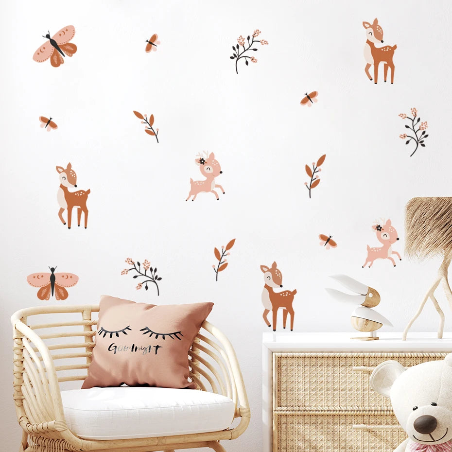 Boho Cute Sika Deer Butterfly Branches Watercolor Nursery Wall Decals Gifts Kids Room Girls Bedroom Sticker Removable Home Decor