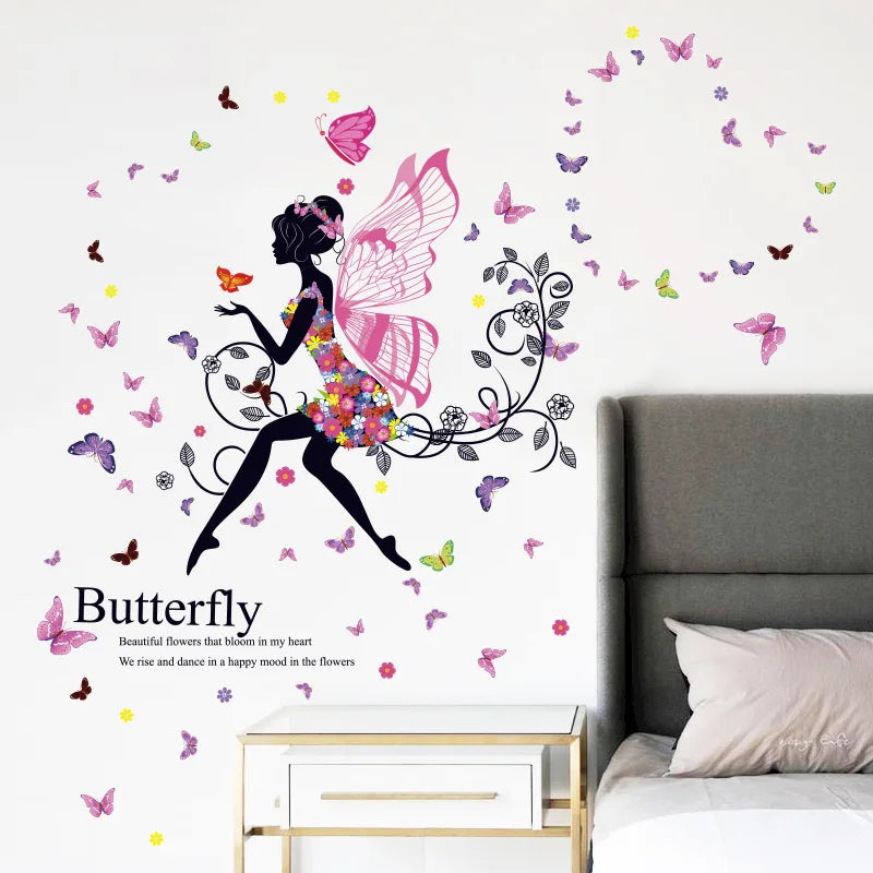 Beautiful Flower Girl with Butterfly Heart Shape Balloon Wall Stickers for Girl Bedroom Living Room Home Decorative Stickers PVC