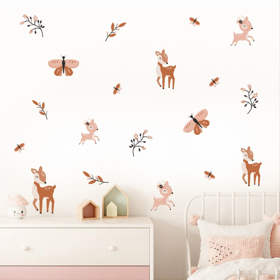 Boho Cute Sika Deer Butterfly Branches Watercolor Nursery Wall Decals Gifts Kids Room Girls Bedroom Sticker Removable Home Decor