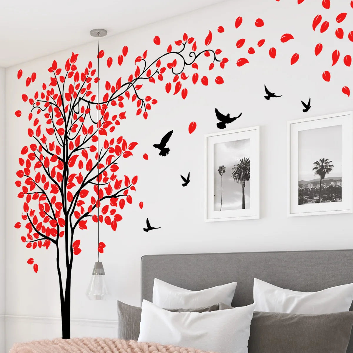 4pcs Big Tree Red Leaf Bird Plant Wall Sticker Creative Children's Room Living Room Bedroom Study Decoration Mural Wall Sticker