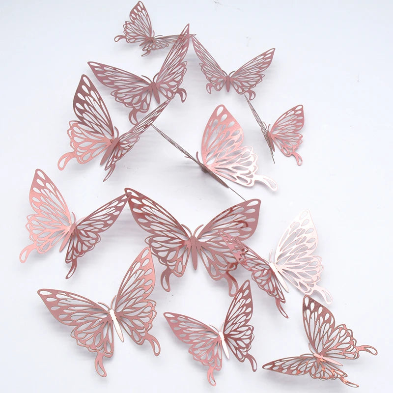 12Pcs/Set Gold Silver Hollow Butterfly Wall Stickers 3D Butterflies Sticker Bedroom Living Room Home Decor Party Wedding Decor