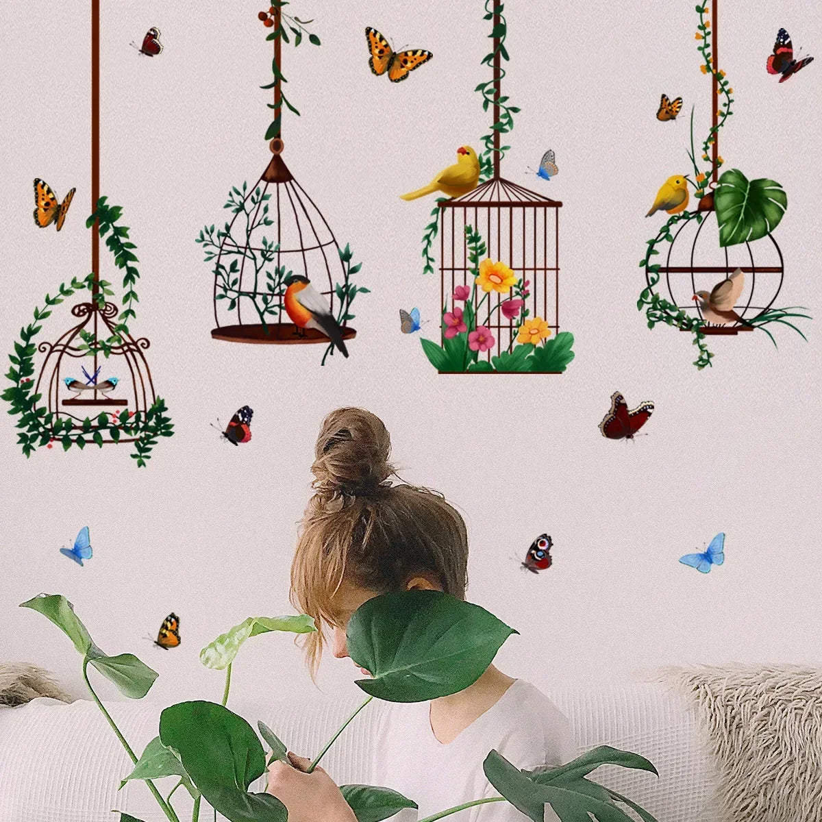 Wall Stickers Butterfly Bird Cage Home Garden Decoration Living Room Bedroom Botanical paper  Decal House Interior Decor