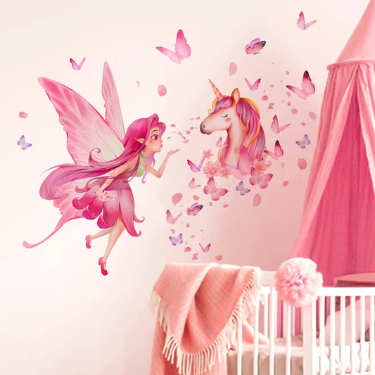 Elf Butterfly Girl Unicorn Flower Wall Stickers for Kids Room Baby Girl Wall Decals PVC Home Decor Wall Stickers Bedroom Murals