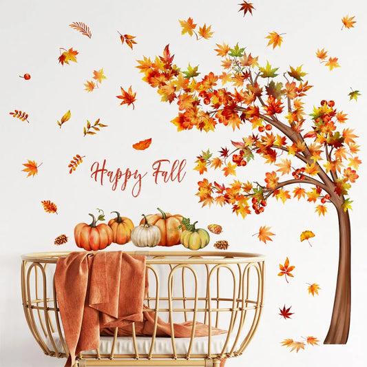 English Full Autumn Maple Tree Wall Sticker Maple Leaf Pumpkin Wallpaper Sticker For Wall Background Decoration Wall Art