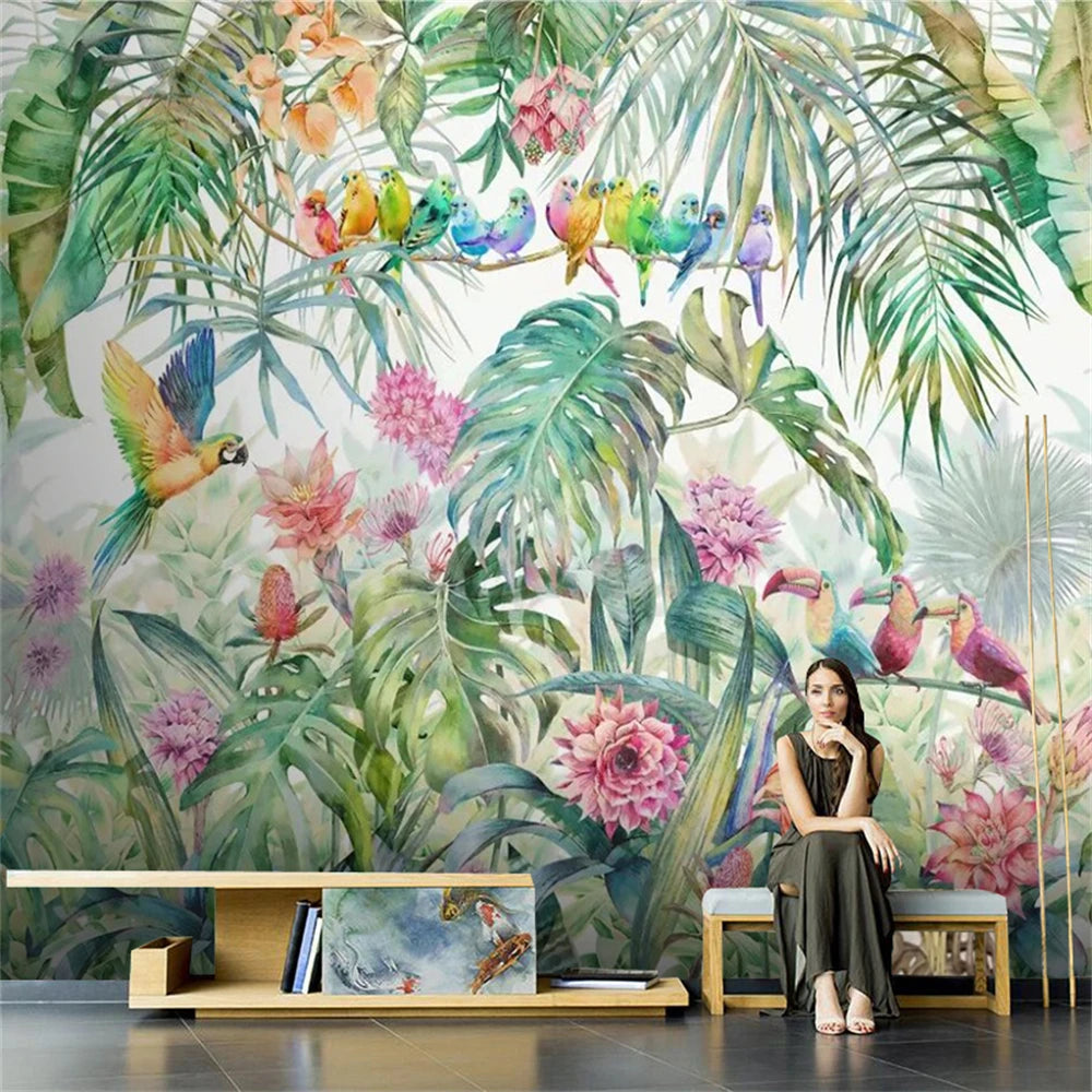 Custom American idyllic rain forest parrot tortoise tree leaf mural wallpapers for living room wallpaper bedroom Wall stickers