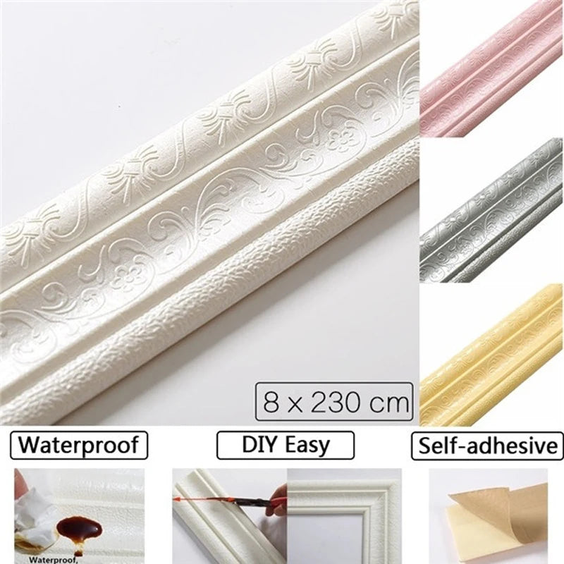 2.3m/roll 3D Foam Waistline Skirting Line Self-adhesive Wall Sticker Waterproof Sealing Frame DIY Home Decor Beautification Line