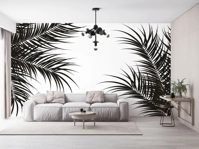 Black And White Palm Tree Leaves Removable Wallpaper, Modern Design Tropical Customizable Wall Mural. Peel And Stick Living Room