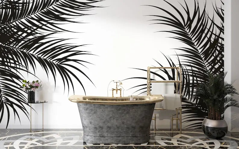 Black And White Palm Tree Leaves Removable Wallpaper, Modern Design Tropical Customizable Wall Mural. Peel And Stick Living Room