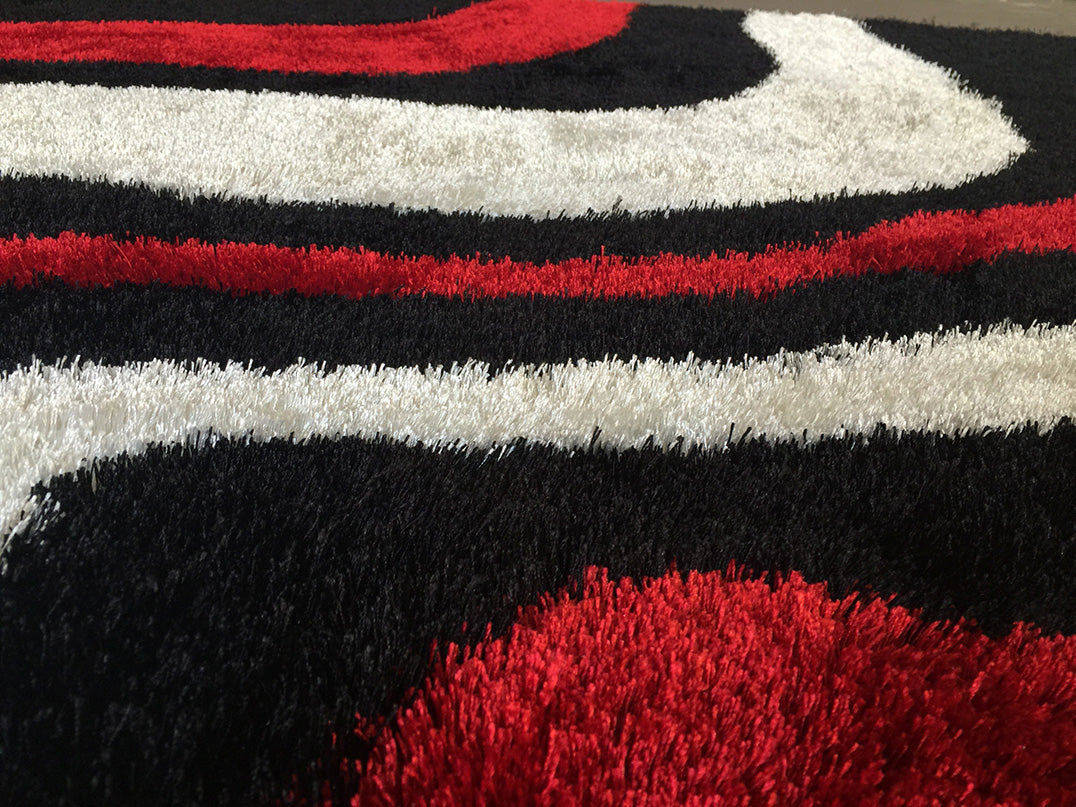 Aria Black, White & Red Soft Pile Shaggy Area Rug