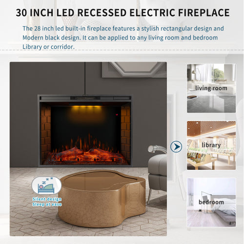 30 inch LED Recessed Electric Fireplace with 3 Top Light Colors