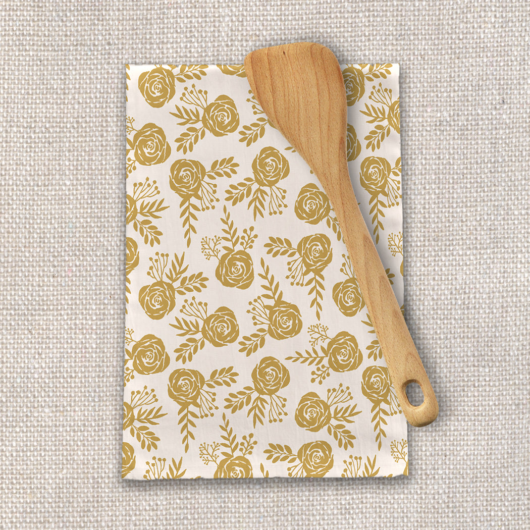 Warm Gold Floral Tea Towel