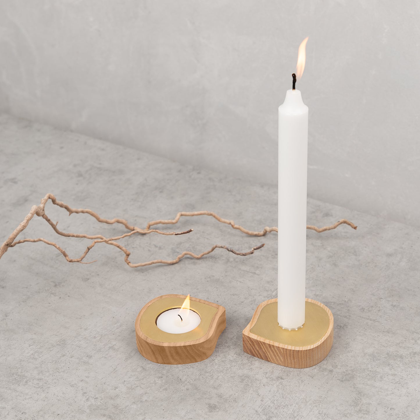 Taper candle or tealight holder | ash wood, brass