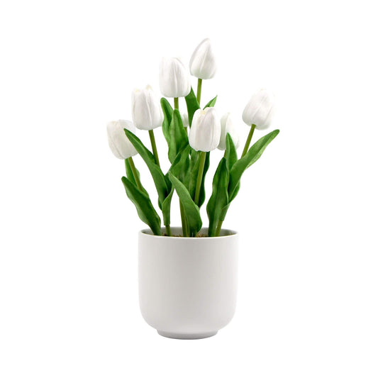 Flowering White Artificial Tulip Plant Arrangement With Ceramic Bowl