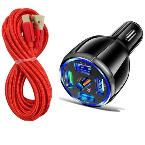 Black 5-Port USB Fast Car Charger with LED, 10FT iPhone Cable - Quick