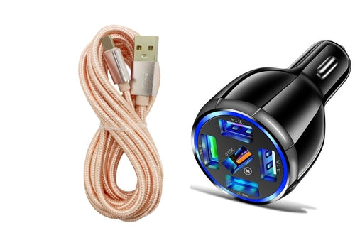 Black 5-Port USB Fast Car Charger with LED, 10FT iPhone Cable - Quick