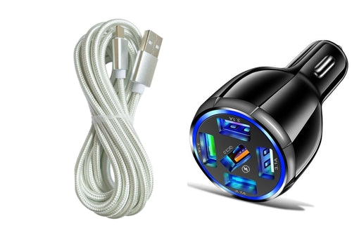 Black 5-Port USB Fast Car Charger with LED, 10FT iPhone Cable - Quick