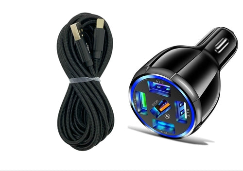 Black 5-Port USB Fast Car Charger with LED, 10FT iPhone Cable - Quick