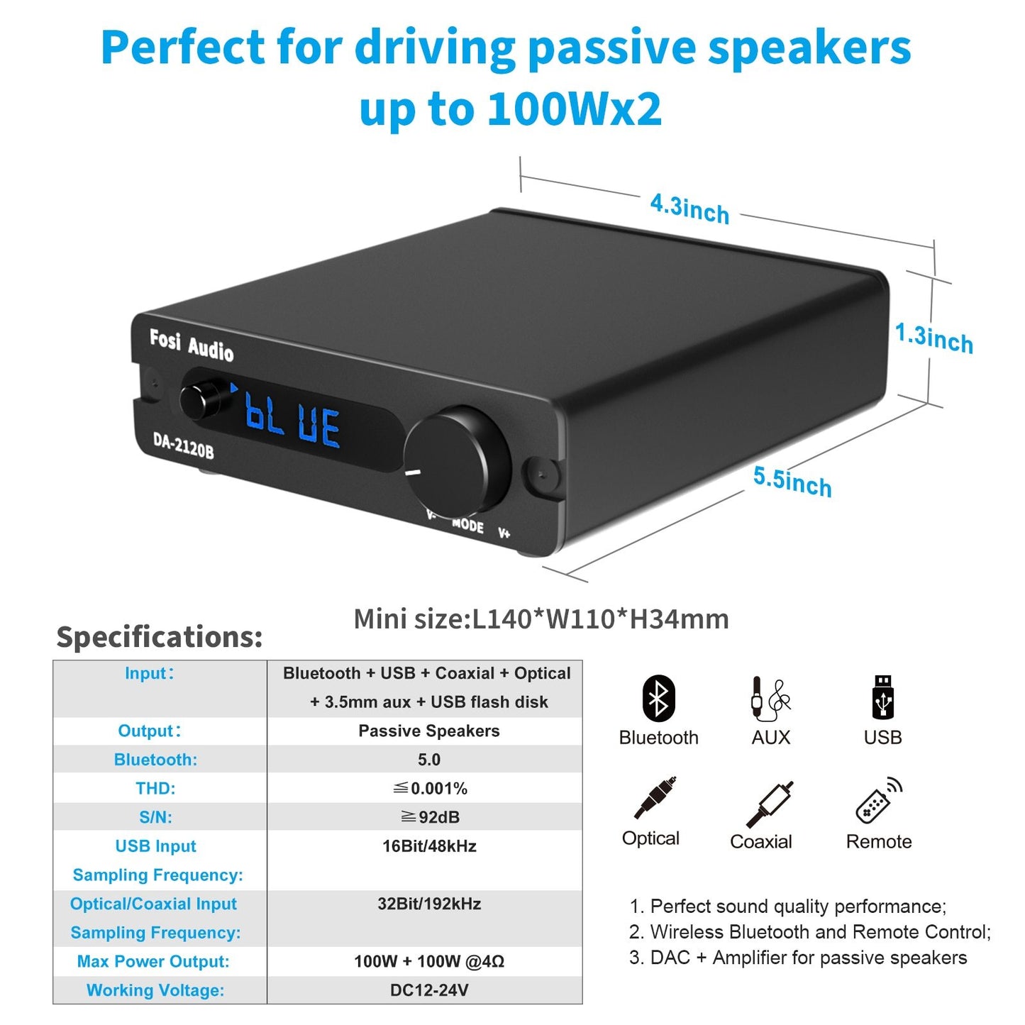 Bluetooth Amplifier Stereo Audio Class D Wireless Power Amp Hifi 100W