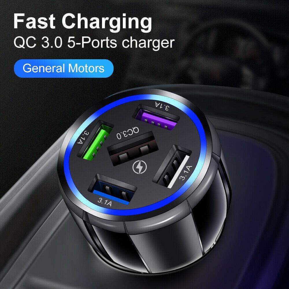 Black 5-Port USB Fast Car Charger with LED, 10FT iPhone Cable - Quick