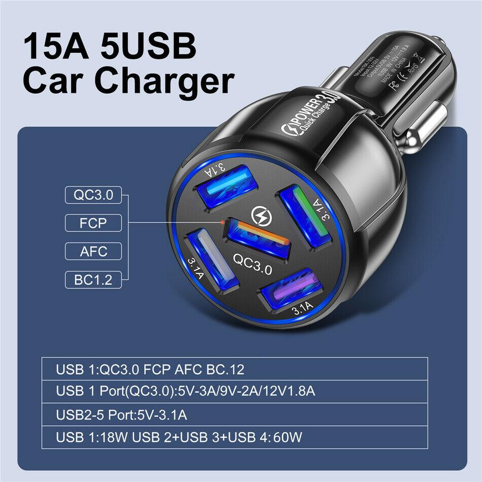 Black 5-Port USB Fast Car Charger with LED, 10FT iPhone Cable - Quick