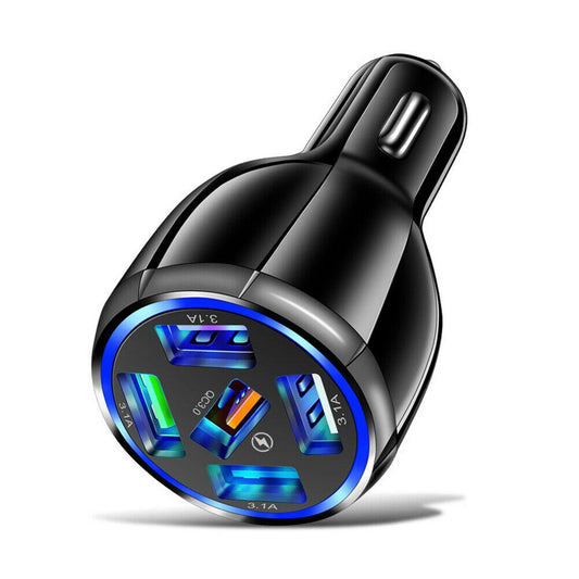 Black 5-Port USB Fast Car Charger with LED, 10FT iPhone Cable - Quick